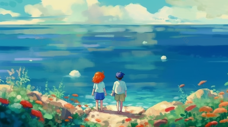 站在蓝天白云海滩日出日落两个孩子插画背景图蓝色手绘图,插画/手绘图,插画/手绘图库,插画/手绘图下载,插画/手绘